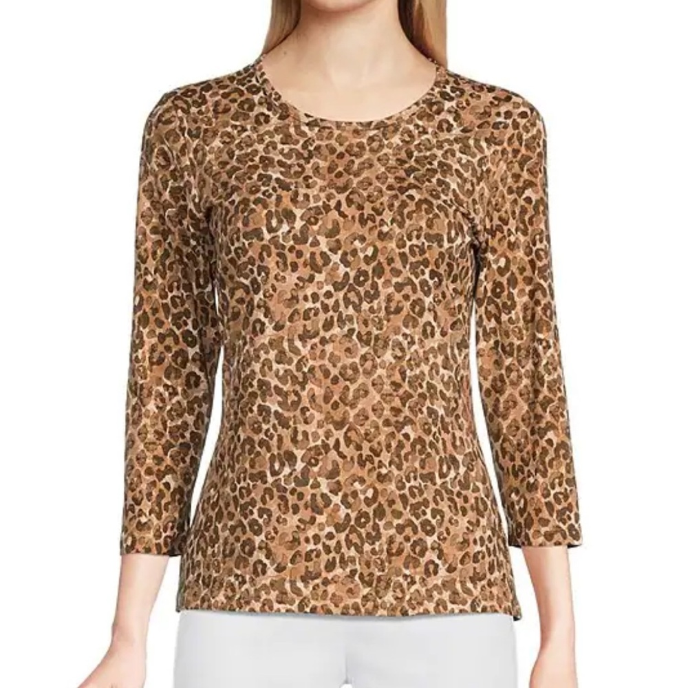 J.McLaughlin Micro Watercolor Cheetah Print Knit Jersey Crew Neck Tee Sz M